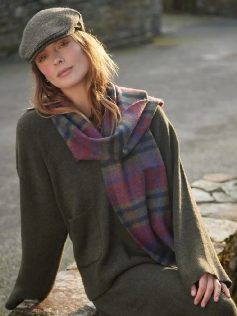 NWT JOHN HANLY 1943 Irish Wool Scarf Green Mustard Purple Check Plaid Wool